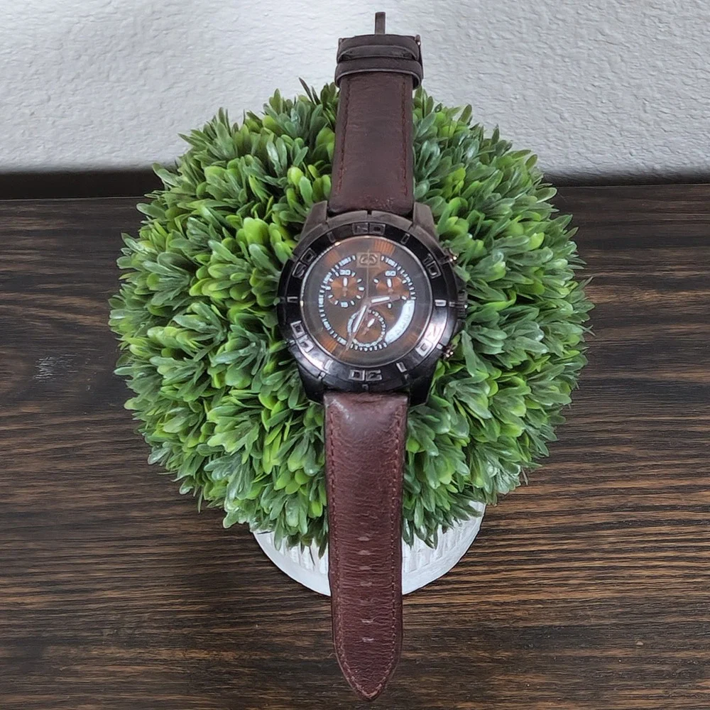 Y2K Marc Ecko UNLTD Watch E16503G2 Chocolate Brown Leather Stainless Steel Logo